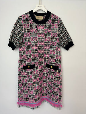 Gucci Black, Pink and White Tweed Logo Knit Short Sleeve Dress with Pocket Detail and Gold Logo Buttons Size S (UK 8)