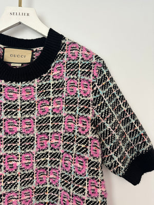 Gucci Black, Pink and White Tweed Logo Knit Short Sleeve Dress with Pocket Detail and Gold Logo Buttons Size S (UK 8)
