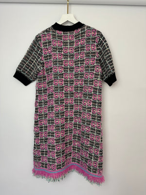 Gucci Black, Pink and White Tweed Logo Knit Short Sleeve Dress with Pocket Detail and Gold Logo Buttons Size S (UK 8)