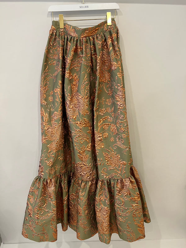 Alena Akhmadullina Green and Rose Gold Embroidered Floral Maxi Skirt Size M (UK 10)