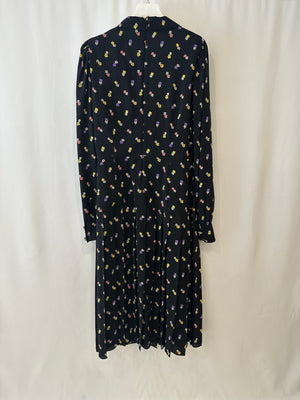 Alessandra Rich Black Silk Flower Printed Midi Dress with Crystal Buttons Size IT 44 (UK 12) RRP £1,350