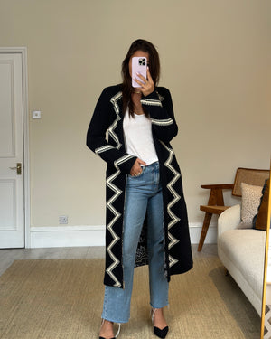 Chanel Black and White Cashmere Long Zipped Coat Size FR 40 (UK 12)