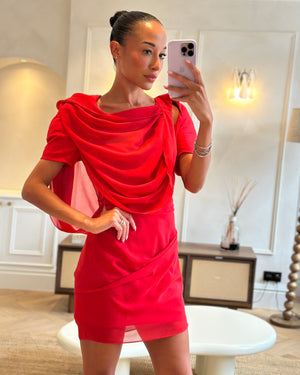 Jacquemus La Robe Castagna Red Chiffon Mini Dress with Draping and Padded Shoulder Detail FR 40 (UK 12)