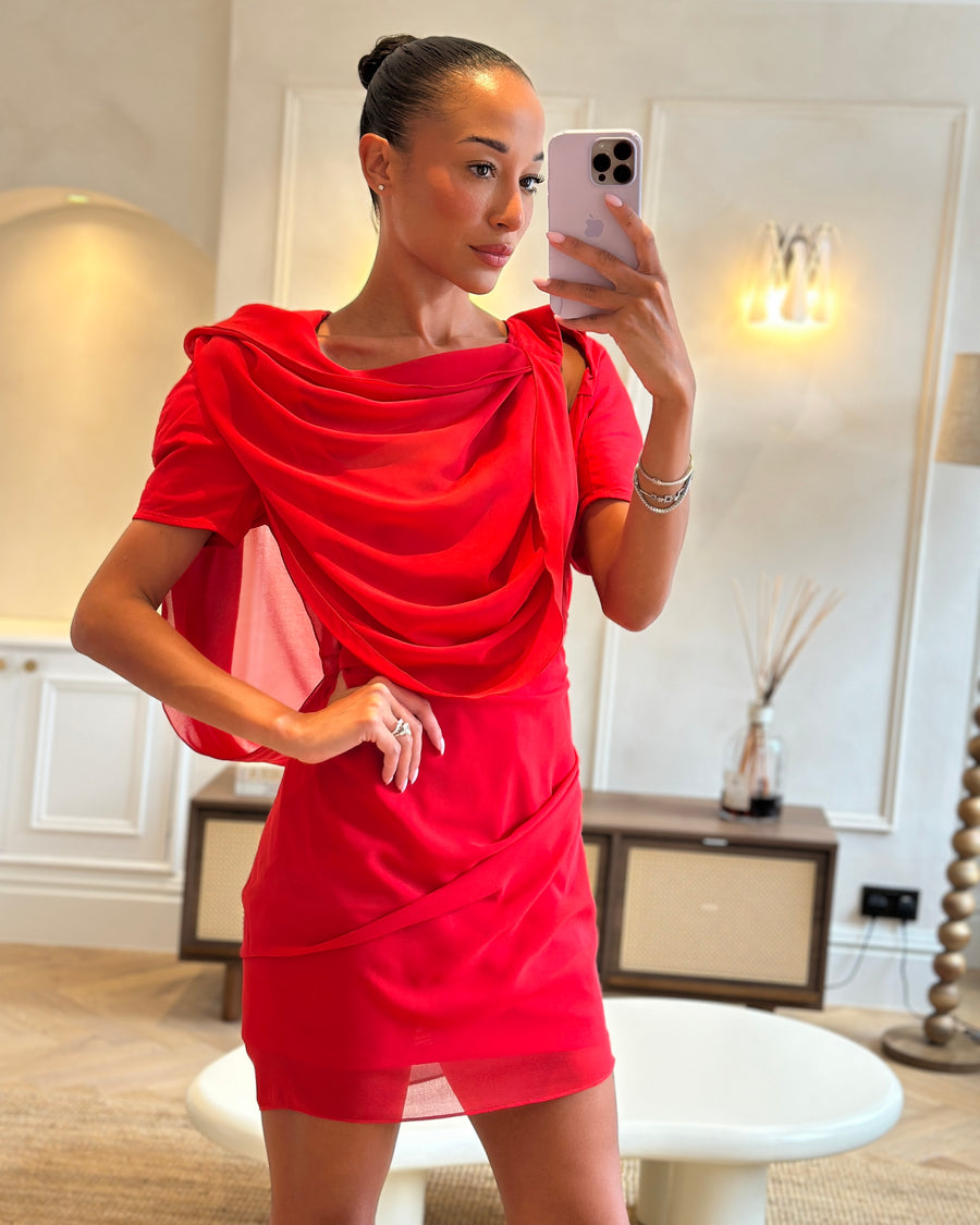 Jacquemus La Robe Castagna Red Chiffon Mini Dress with Draping and Padded Shoulder Detail FR 40 (UK 12)