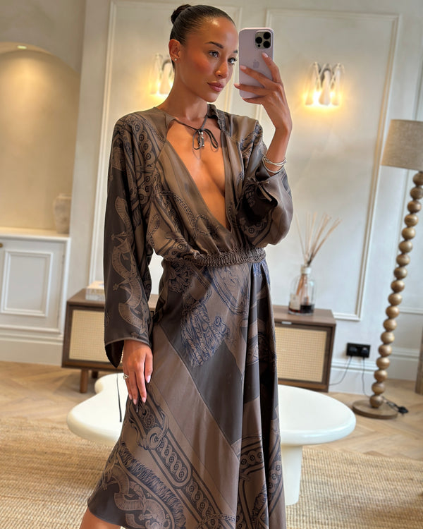 Hermès Brown Silk Printed Bride de Cour Midi Dress Size FR 38 (UK 10) RRP £3,180