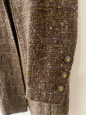 Chanel Brown Metallic Tweed Coat with Gold CC Logo Buttons Size FR 40 (UK 12)