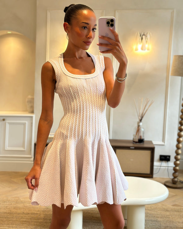 Alaïa Pink & Cream Skater Dress with Polkadot Pattern & Wave Hem Detail Detail Size FR 38 (UK 10)