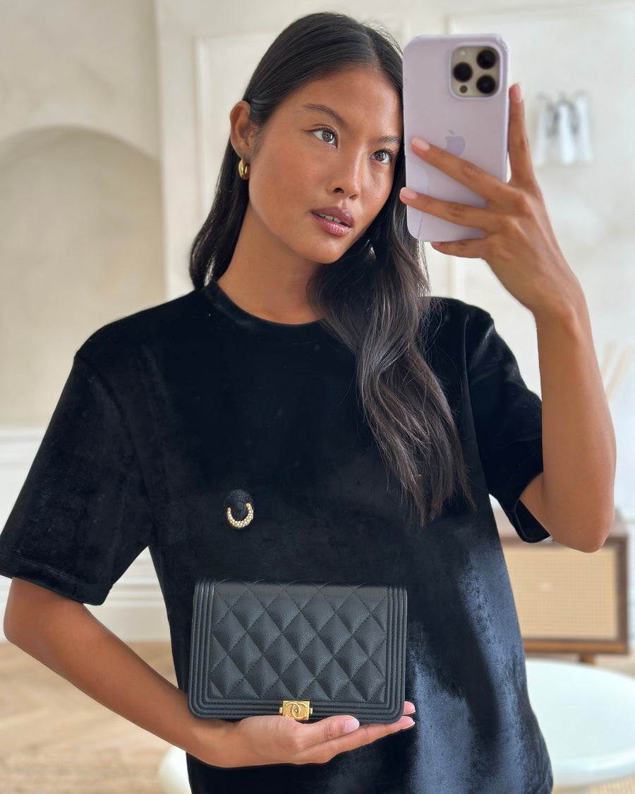 *HOT* Chanel Black Boy Wallet on Chain in Caviar Leather with Brushed Gold Hardware