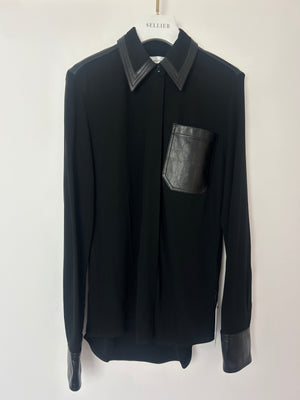 Victoria Beckham Black Long Sleeve Button Down Shirt with Leather Collar and Pocket Details Size UK 8