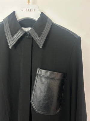 Victoria Beckham Black Long Sleeve Button Down Shirt with Leather Collar and Pocket Details Size UK 8
