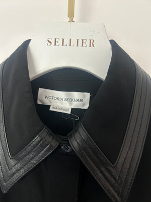 Victoria Beckham Black Long Sleeve Button Down Shirt with Leather Collar and Pocket Details Size UK 8