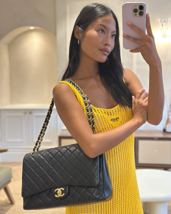 *FIRE PRICE* Chanel Black Maxi Classic Double Flap Bag in Lambskin Leather with Gold Hardware RRP £10,060