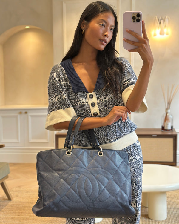 Chanel Navy Shopper Tote Bag in Caviar Leather with Silver Hardware