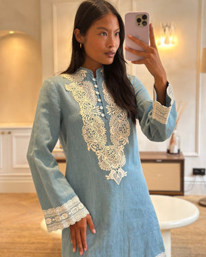 Gucci Stonewash Chambray Long Sleeve Tunic Dress with Lace-Trimmed Detail IT 38 (UK 6)
