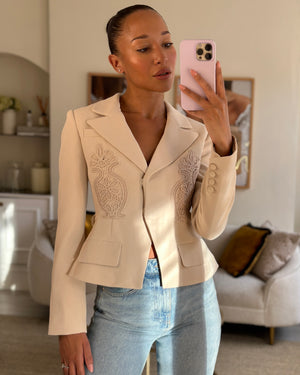 Self-Portrait Beige Single Breasted Belted Blazer with Crochet Embroidered Detail FR 36 (UK 8)
