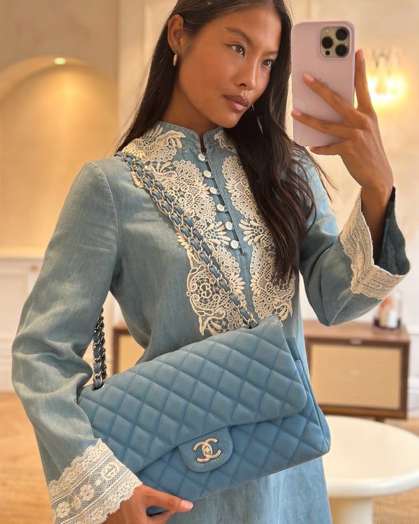 *FIRE PRICE* Chanel Blue Jumbo Classic Double Flap Bag in Caviar Nubuck Leather with Silver Hardware&nbsp;