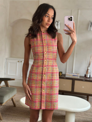 Carolina Herrera Pink & Multicolour Tweed Dress with Gold Buttons Size 0 (UK 4) RRP £1650