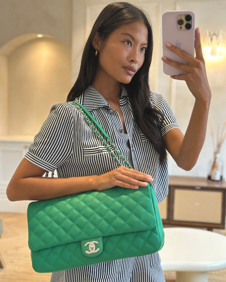 Chanel Green Jumbo Reversible Timeless Single Flap Bag in Lambskin Leather with Silver Hardware