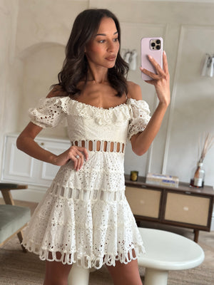Zimmermann White Off-The-Shoulder Crochet Mini Dress Size 0 (UK 6)
