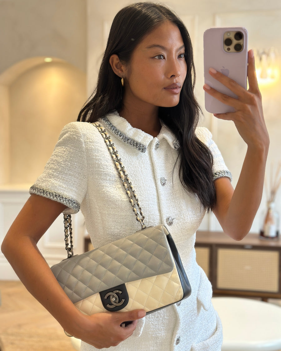 Chanel Beige Grey, White and Grey Timeless Medium Single Flap with Aged Ruthenium Hardware Bag