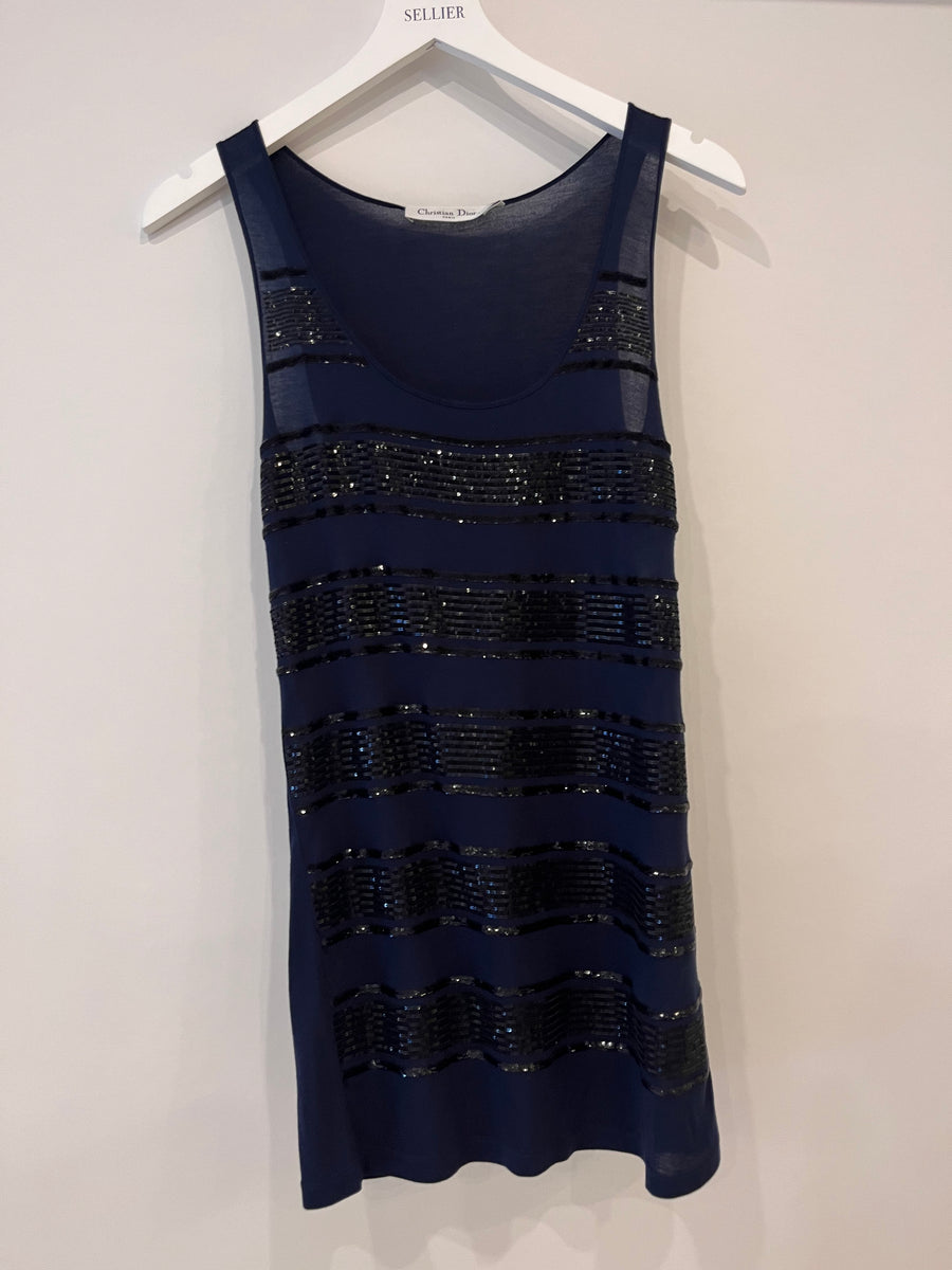 Christian Dior Navy Tank Top with Black Sequin Embellishments Size IT 40 (UK 8)
