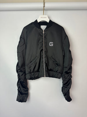 Gaëlle Paris Black Bomber Jacket with Raunched Sleeves and Crystal G Detail Size IT 42 (UK 10)