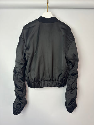 Gaëlle Paris Black Bomber Jacket with Raunched Sleeves and Crystal G Detail Size IT 42 (UK 10)