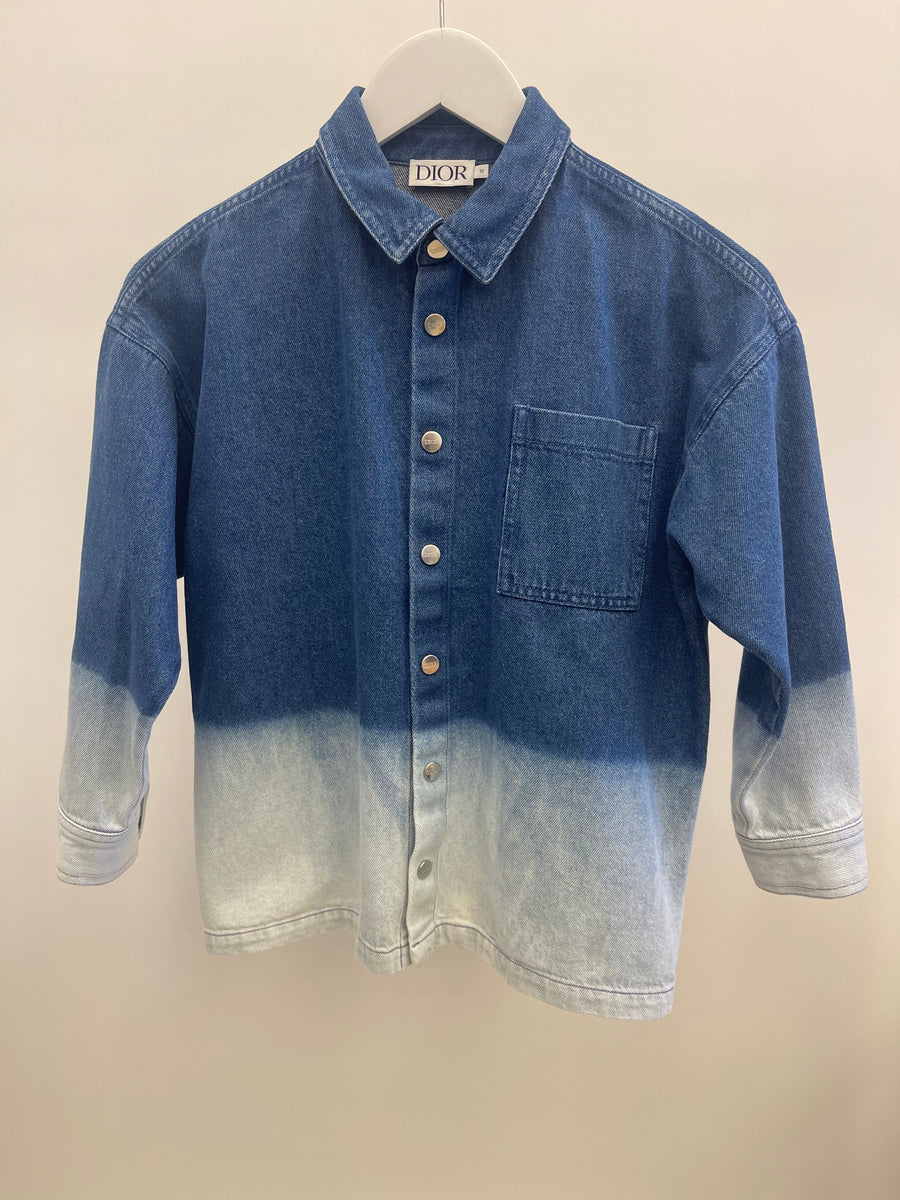 Christian Dior Kids Blue Ombré Denim Shirt Jacket with Silver Logo Buttons and Back Logo Size 10 years RRP £790