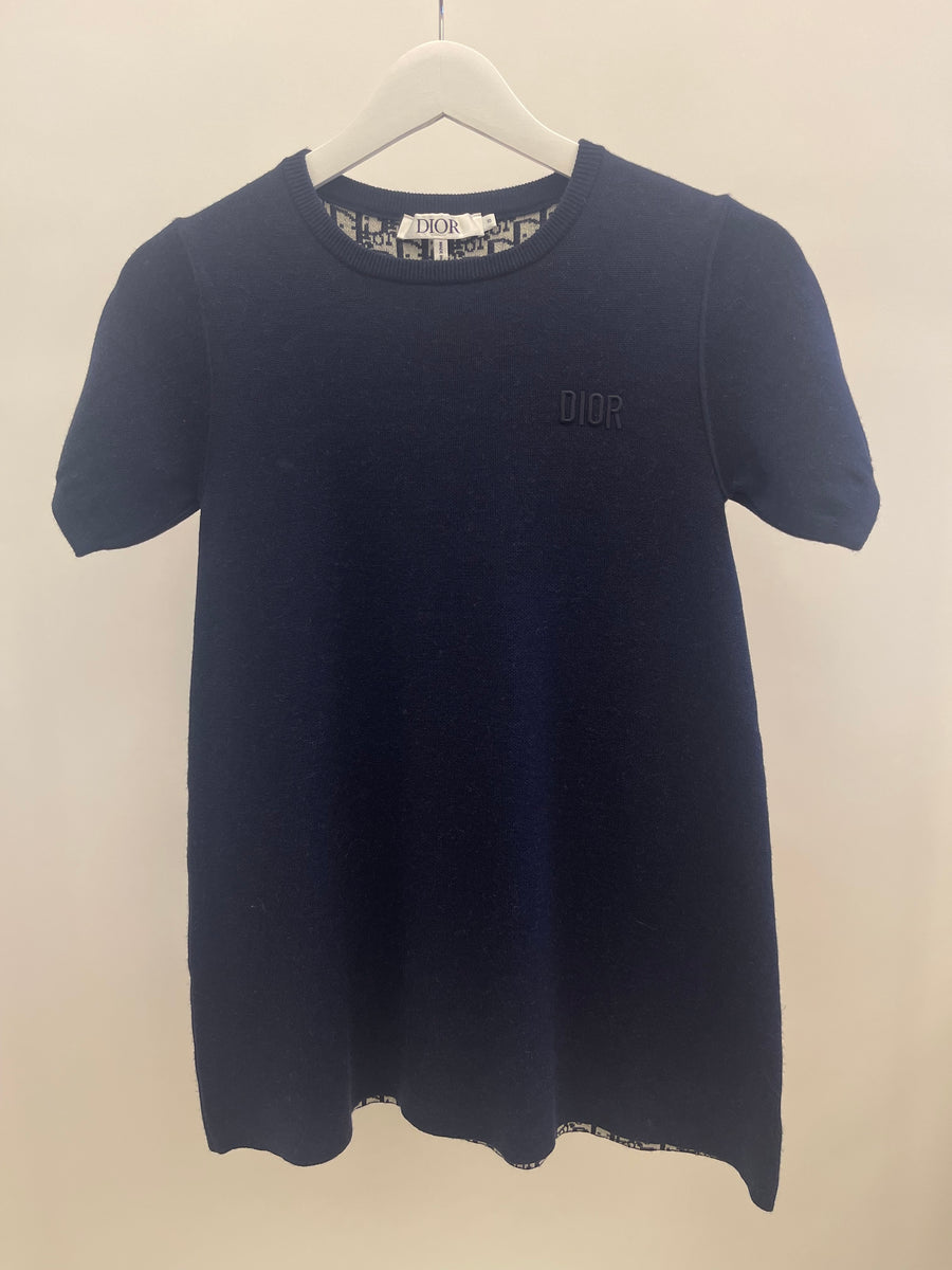 Christian Dior Kids Reversible Oblique Navy Wool Short-Sleeve Dress with Logo Detail Size 10 years RRP £730