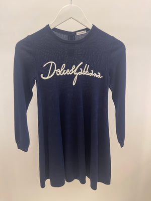 Dolce & Gabbana Kids Navy Knit Long-Sleeve Dress with White Logo Size 10 years