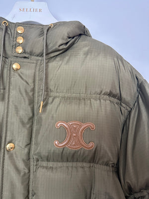 Celine Khaki Long Sleeve Quilted Puffer Jacket with Brown Triomphe Logo Detail and Gold Hardware Size FR 34 (UK 6)
