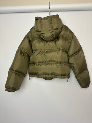 Celine Khaki Long Sleeve Quilted Puffer Jacket with Brown Triomphe Logo Detail and Gold Hardware Size FR 34 (UK 6)