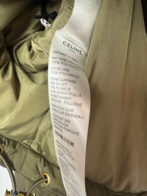 Celine Khaki Long Sleeve Quilted Puffer Jacket with Brown Triomphe Logo Detail and Gold Hardware Size FR 34 (UK 6)
