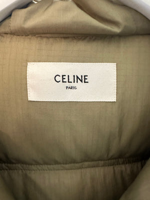 Celine Khaki Long Sleeve Quilted Puffer Jacket with Brown Triomphe Logo Detail and Gold Hardware Size FR 34 (UK 6)