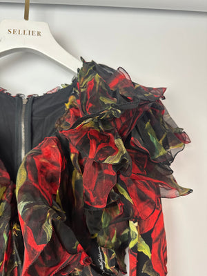 Dolce & Gabbana Black Red and Green Long Sleeve Rose Print Mini Dress with Mesh Ruffle Neckline Size IT 40 (UK 8)