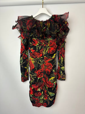 Dolce & Gabbana Black Red and Green Long Sleeve Rose Print Mini Dress with Mesh Ruffle Neckline Size IT 40 (UK 8)
