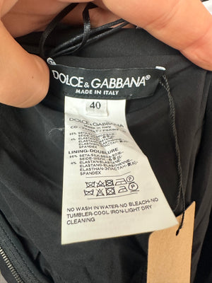 Dolce & Gabbana Black Red and Green Long Sleeve Rose Print Mini Dress with Mesh Ruffle Neckline Size IT 40 (UK 8)