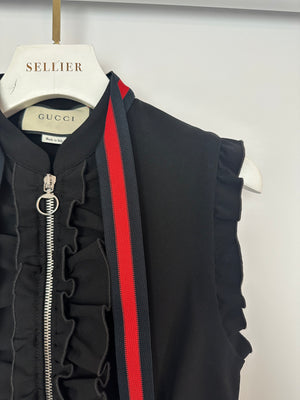 Gucci Black Sleeveless Ruffled Mini Dress with Red and Navy Tassel Detail Size M (UK 10)