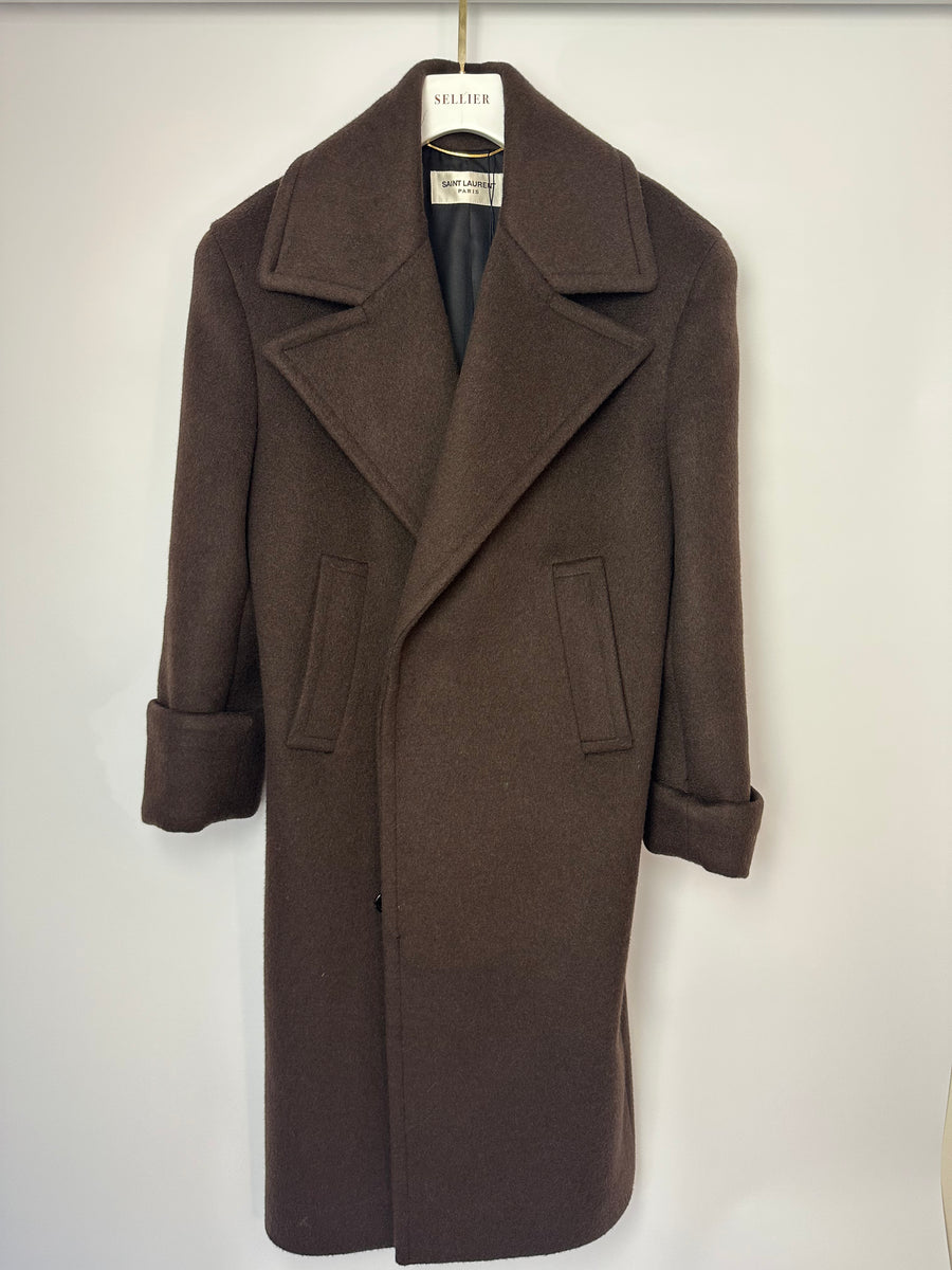 Saint Laurent Brown Cashmere Double Breasted Coat with Padded Shoulder Details Size FR 36 (UK 8)