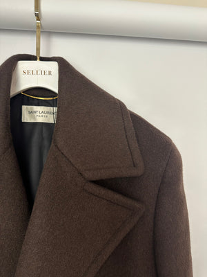 Saint Laurent Brown Cashmere Double Breasted Coat with Padded Shoulder Details Size FR 36 (UK 8)