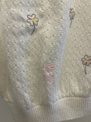 Christian Dior Kids White Cropped Knit Jumper with Floral Details and Pink Logo Size 8 years