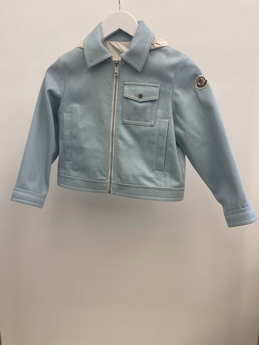 Moncler Kids Light Blue Denim Jacket with Removable Rain Hood and Logo Size 8 years