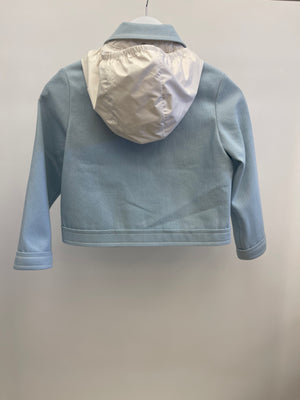 Moncler Kids Light Blue Denim Jacket with Removable Rain Hood and Logo Size 8 years