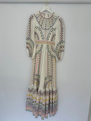 Zimmermann White Long Sleeve Embroidered Maxi Dress with Scalloped Hem Detail Size 0 (UK 8)