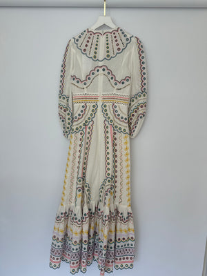 Zimmermann White Long Sleeve Embroidered Maxi Dress with Scalloped Hem Detail Size 0 (UK 8)