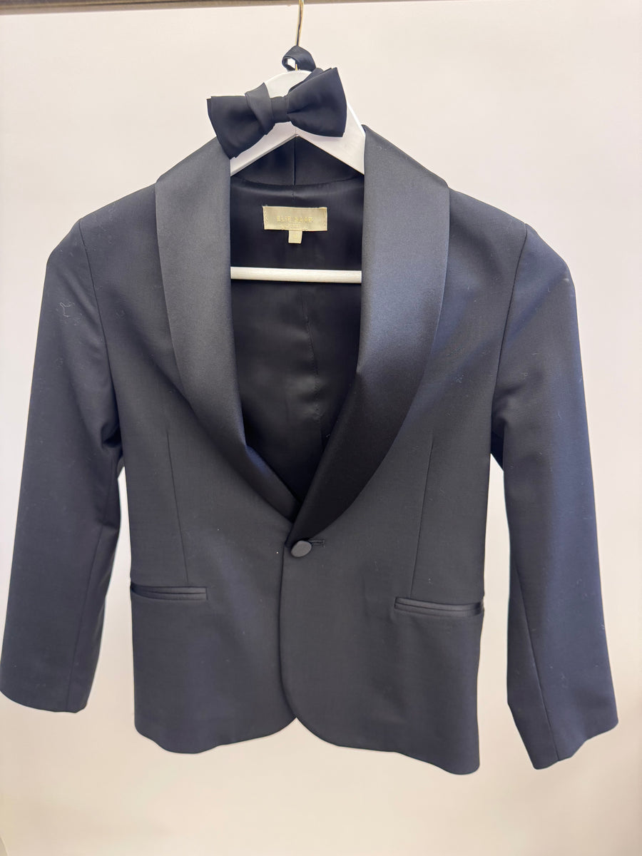 Elie Saab Kids and Multibrand Black Satin Jacket, Trousers, Waistband and Bow Tie Tuxedo Set Size 10 years
