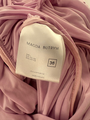Magda Butrym Pink Long Sleeve Ruched Mini Dress with Rose Appliqué Detail Size FR 36 (UK 8)