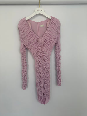 Magda Butrym Pink Long Sleeve Ruched Mini Dress with Rose Appliqué Detail Size FR 36 (UK 8)