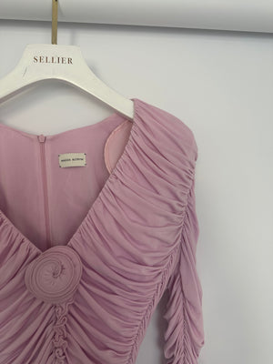 Magda Butrym Pink Long Sleeve Ruched Mini Dress with Rose Appliqué Detail Size FR 36 (UK 8)