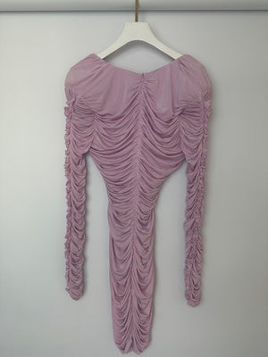 Magda Butrym Pink Long Sleeve Ruched Mini Dress with Rose Appliqué Detail Size FR 36 (UK 8)